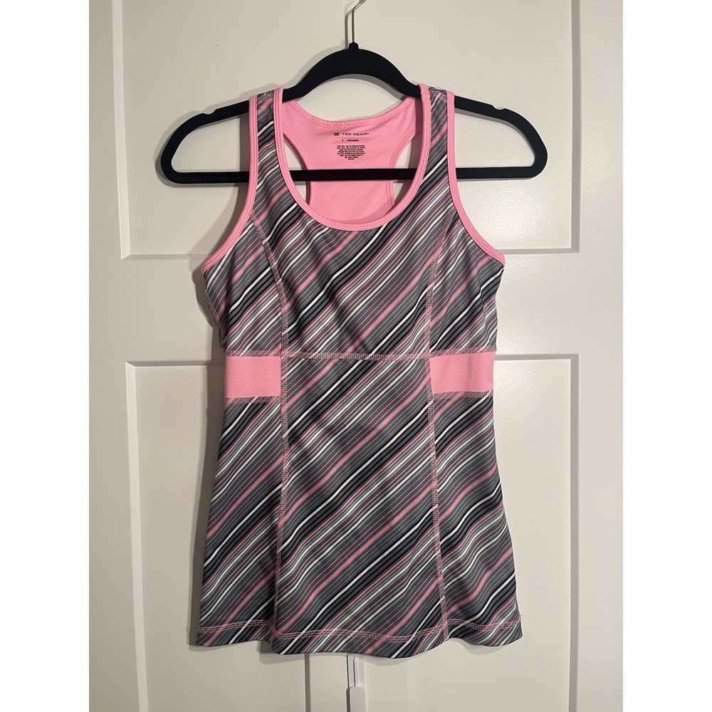 Tek Gear Women S Pink Gray Striped Racerback Workout Tank Top Built In Bra